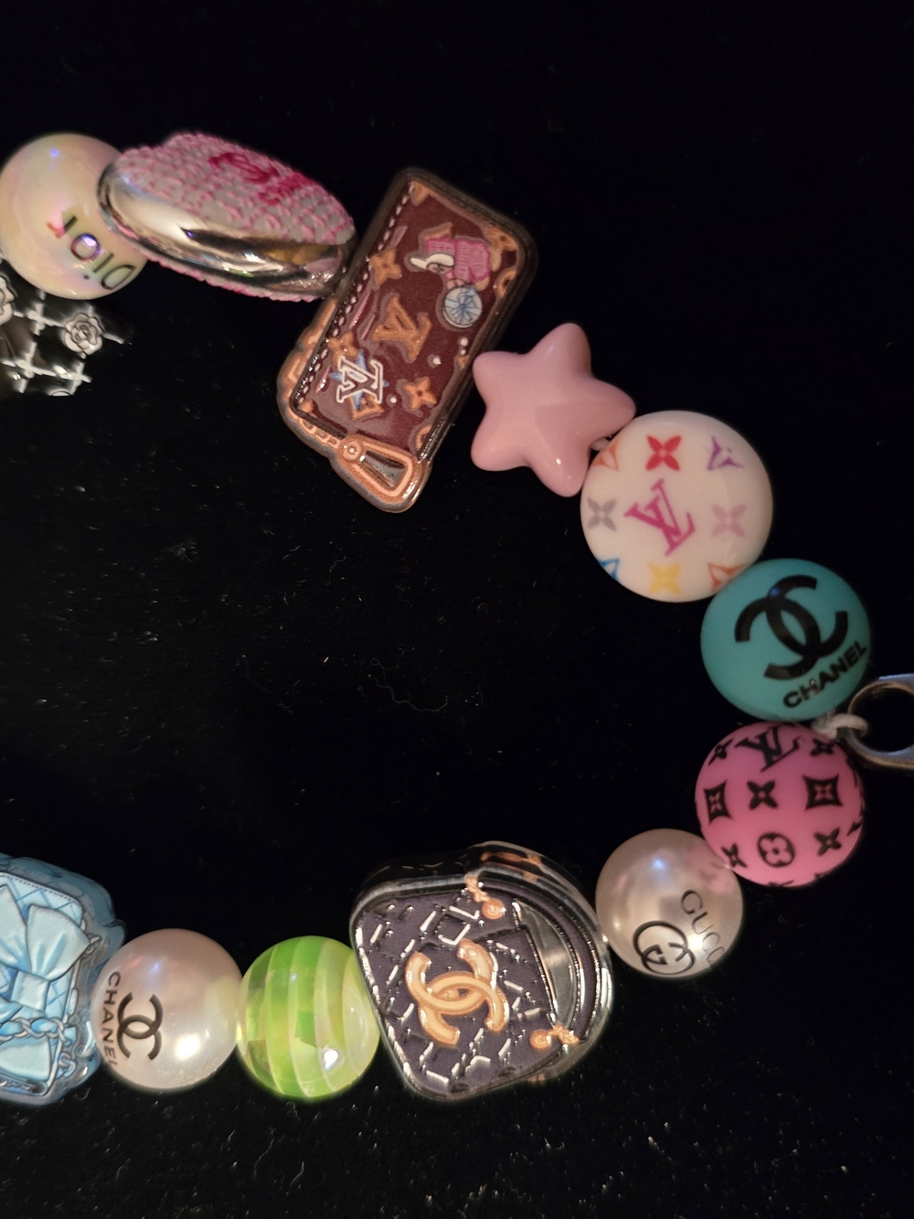 Designer Inspired Logo Charm Bracelet with Pink, Teal, Pearl & Multicolor Beads